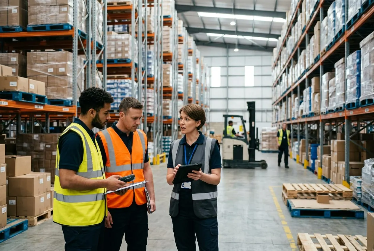 A team lead with a tablet speaking with two associates in a distribution centre