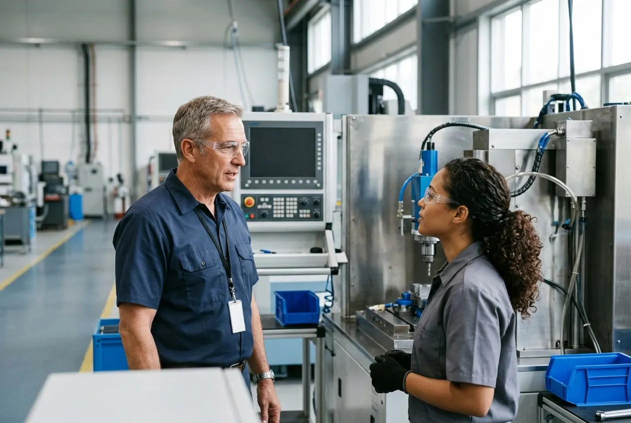 A production supervisor talking with a machine operator on a manufacturing floor