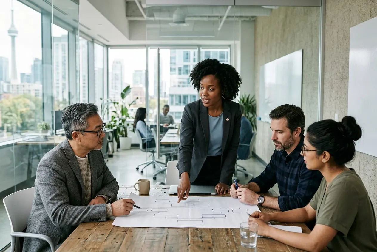 A leadership team reviewing an organizational chart together in a bright office meeting room
