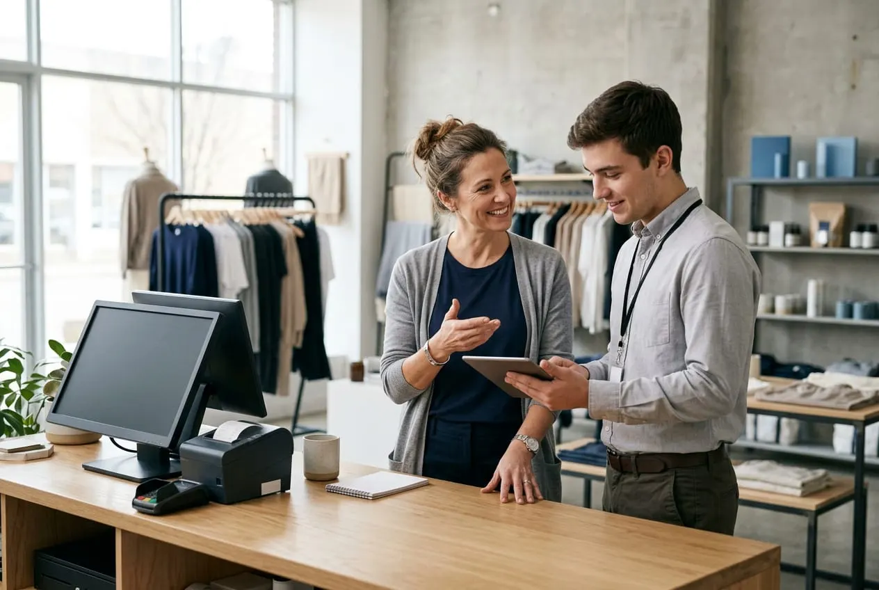 A store manager coaching a new employee at the counter of a retail store