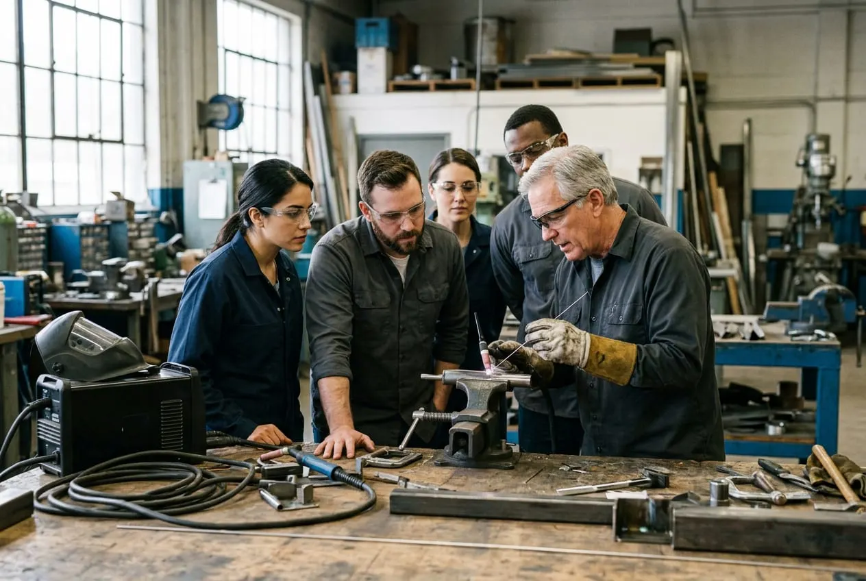 An instructor demonstrating a technique at a workbench to a small group of employees